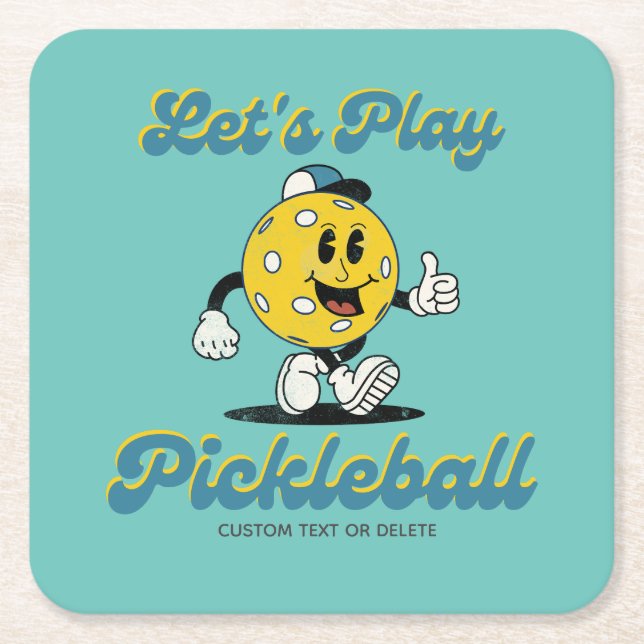 Retro Pickleball Cartoon Mascot Personalised Text Square Paper Coaster (Front)