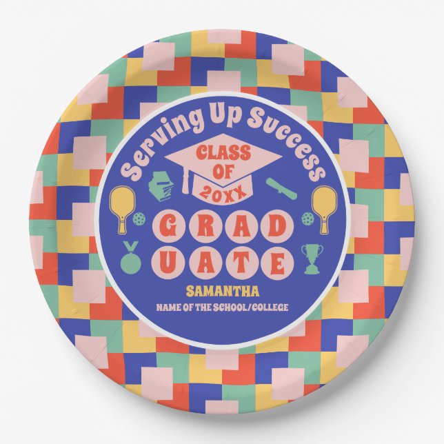 Retro Pickleball Graduation Party Paper Plate (Front)