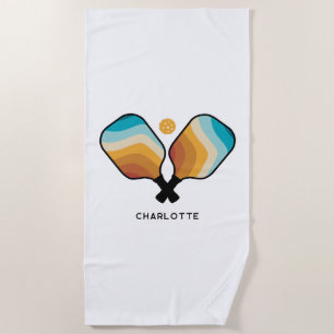 Retro Pickleball Paddles & Ball Custom Name Beach Towel