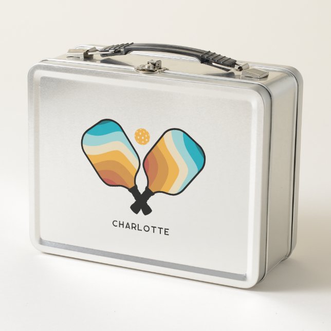Retro Pickleball Paddles & Ball Custom Name Metal Lunch Box (Front)