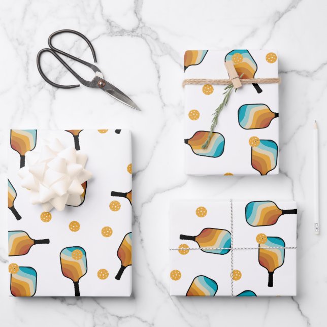 Retro Pickleball Paddles & Ball Pattern Wrapping Paper Sheet (Front)