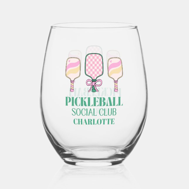 Retro Pickleball Social Club Birthday Stemless Wine Glass (Front)