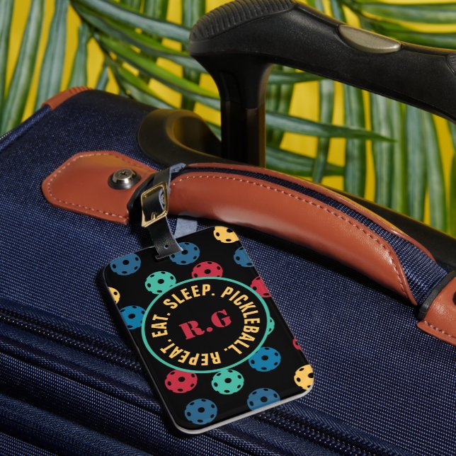 😍 Retro Pickleballs / black with initials Luggage Tag (Front Insitu 1)