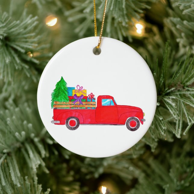 Retro Pickup Truck with Christmas Gifts Ceramic Ornament (Tree)