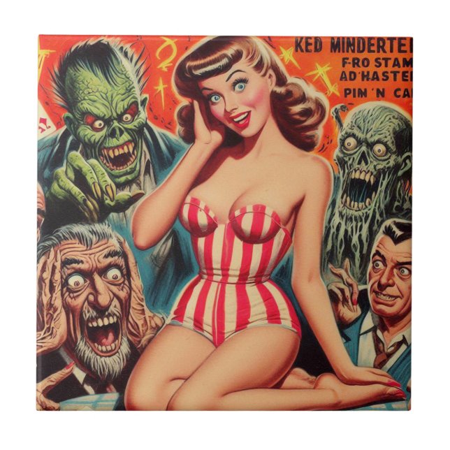 Retro Pin-up and Monsters Ceramic Tile (Front)