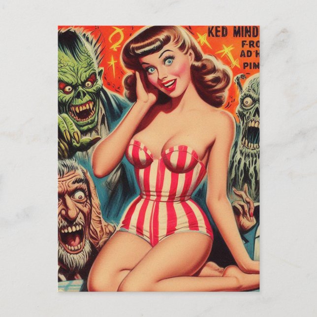 Retro Pin-up and Monsters Postcard (Front)