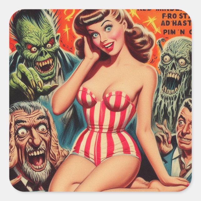 Retro Pin-up and Monsters Square Sticker (Front)