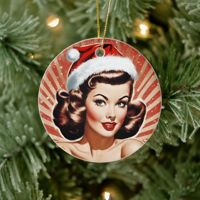 Retro Pin Up Girl Christmas Ceramic Ornament (Tree)
