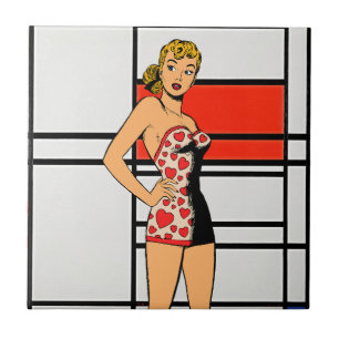 Retro Pin-Up Girl Meets Mondrian – Unique Artistic Ceramic Tile