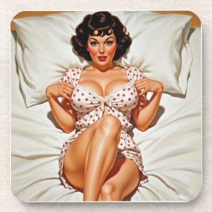 Retro Pin-up Girl with Red Polka Dot PJ's Coaster