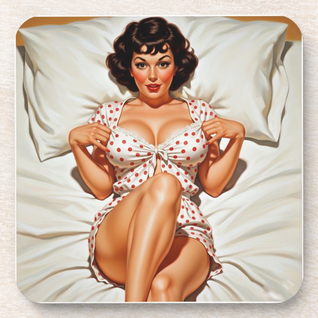 Retro Pin-up Girl with Red Polka Dot PJ's Coaster (Front)