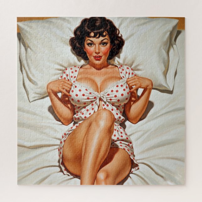 Retro Pin-up Girl with Red Polka Dot PJ's Jigsaw Puzzle (Vertical)