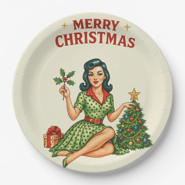 Retro Pin-Up Merry Christmas Holiday Paper Plate (Front)