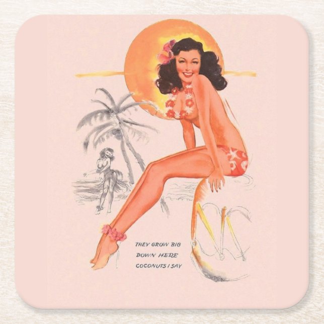 Retro Pin-up Square Paper Coaster (Front)