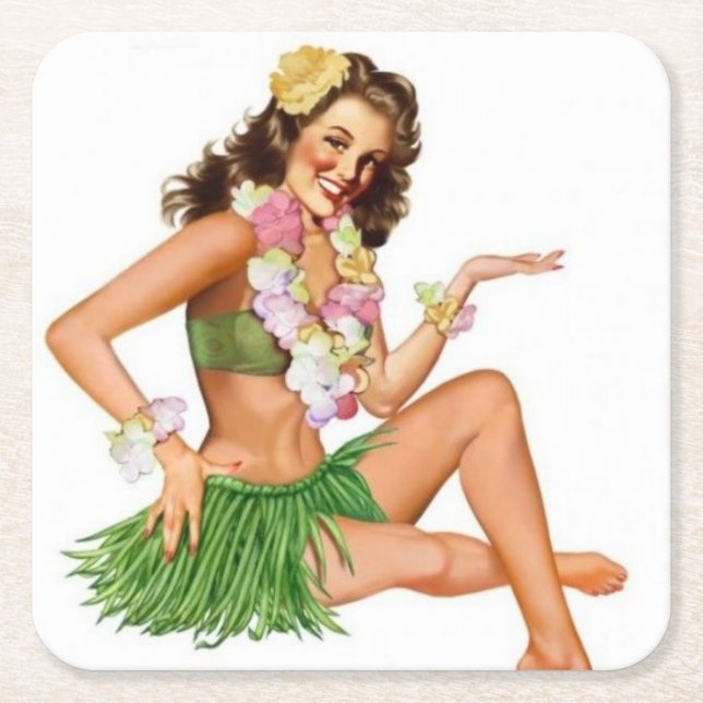 Retro Pin-up Square Paper Coaster (Front)