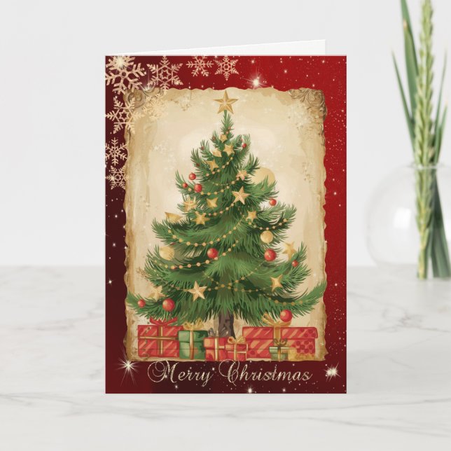 Retro Pine Tree Presents Snowflakes Red Holiday Card (Front)