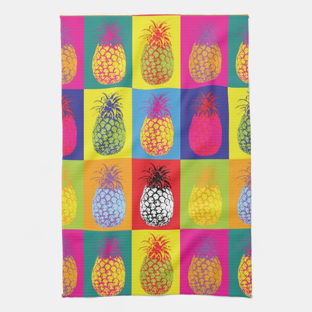 Retro Pineapple Pop Art Bright Bold Kitchen Print Tea Towel (Vertical)
