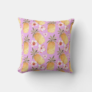 Retro pineapple tropical print on lilac background cushion