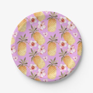 Retro pineapple tropical print on lilac background paper plate