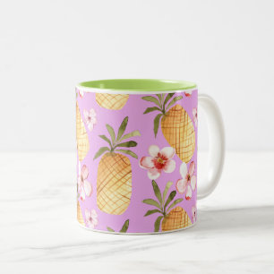 Retro pineapple tropical print on lilac background Two-Tone coffee mug