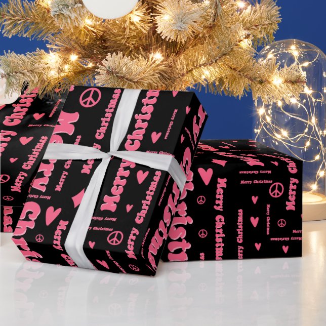 Retro Pink and Black Merry Christmas Peace & Love Wrapping Paper (Holidays)