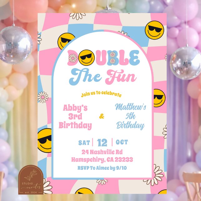 retro pink and blue checkered joint birthday  invitation (Creator Uploaded)