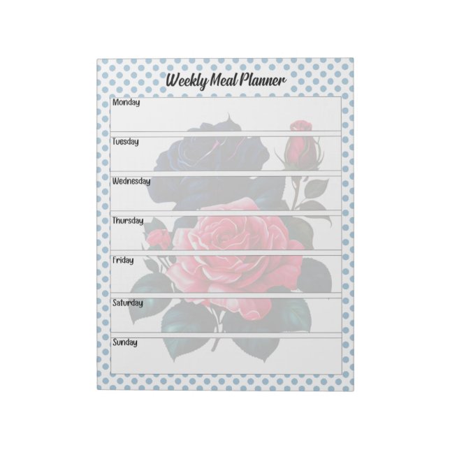 Retro Pink and Blue Roses Weekly Meal Planner Notepad (Rotated)