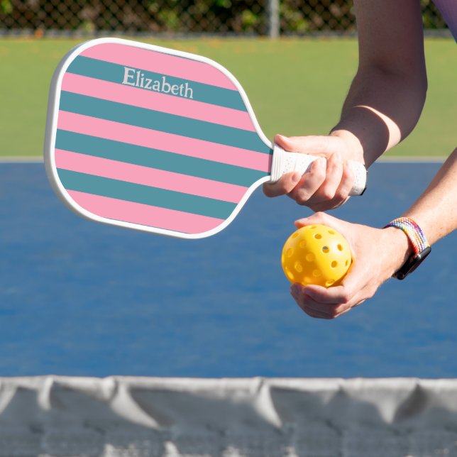 Retro Pink and Blue Stripes Pattern Name Pickleball Paddle (Insitu)