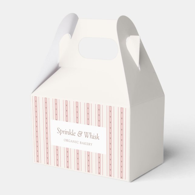 Retro Pink And Brown Heart Stripes Bakery Favour Box (Front Side)