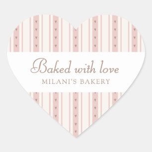 Retro Pink And Brown Heart Stripes Bakery Sticker