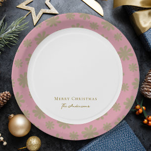 Retro Pink and Gold Floral Merry Christmas Party Paper Plate