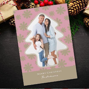 Retro Pink and Gold Floral Pine Tree Shaped Photo Holiday Card