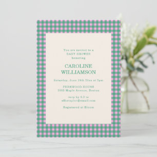 Retro Pink and Green Gingham Preppy Baby Shower Invitation