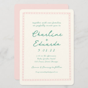 Retro Pink and Green Handwriting Wedding Invitation
