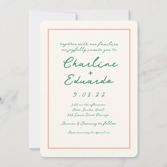 Retro Pink and Green Handwriting Wedding Invitation (Front)
