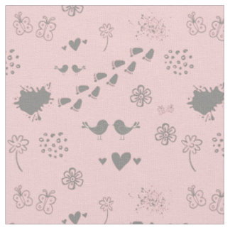 Retro pink and grey pattern of birds, dots, fo fabric