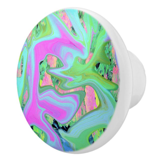 Retro Pink and Light Blue Liquid Art on Hydrangea Ceramic Knob (Right)