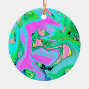 Retro Pink and Light Blue Liquid Art on Hydrangea Ceramic Ornament