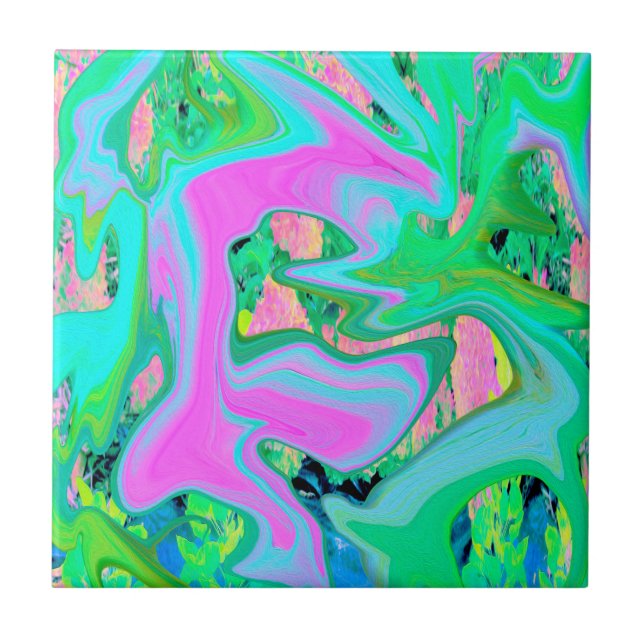 Retro Pink and Light Blue Liquid Art on Hydrangea Ceramic Tile (Front)