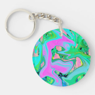 Retro Pink and Light Blue Liquid Art on Hydrangea Key Ring
