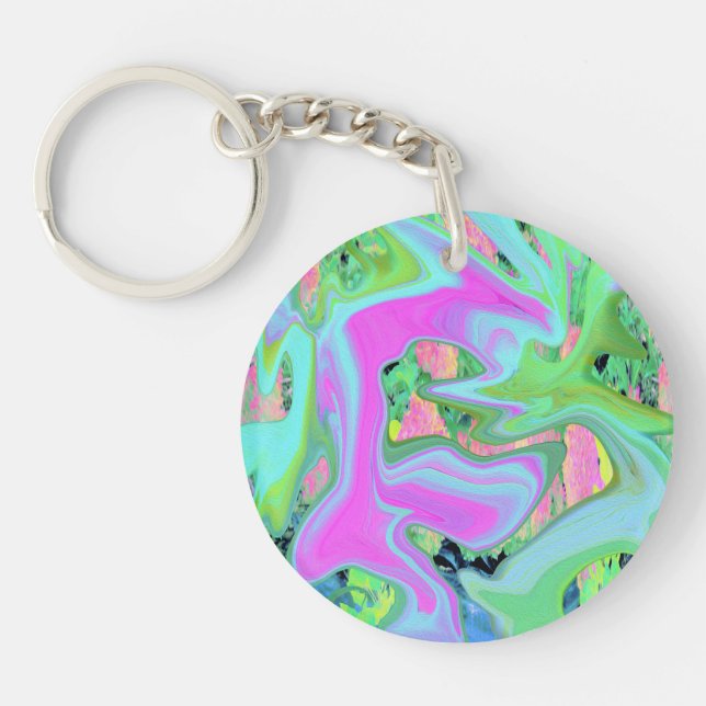Retro Pink and Light Blue Liquid Art on Hydrangea Key Ring (Front)