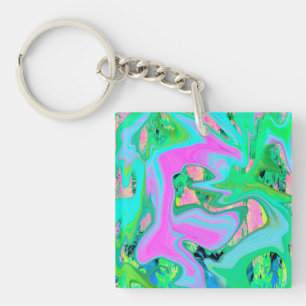 Retro Pink and Light Blue Liquid Art on Hydrangea Key Ring