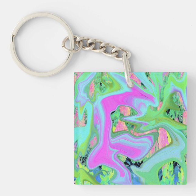 Retro Pink and Light Blue Liquid Art on Hydrangea Key Ring (Front)