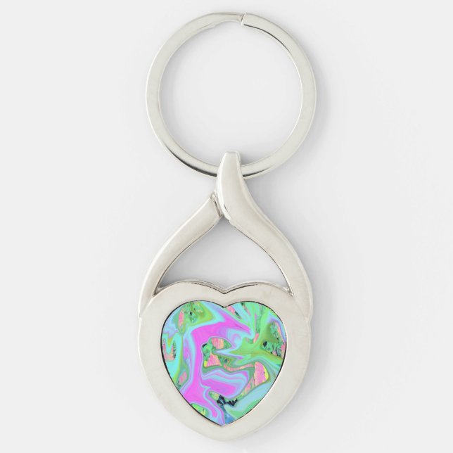 Retro Pink and Light Blue Liquid Art on Hydrangea Key Ring (Front)