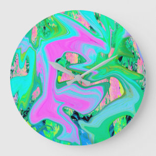 Retro Pink and Light Blue Liquid Art on Hydrangea Large Clock