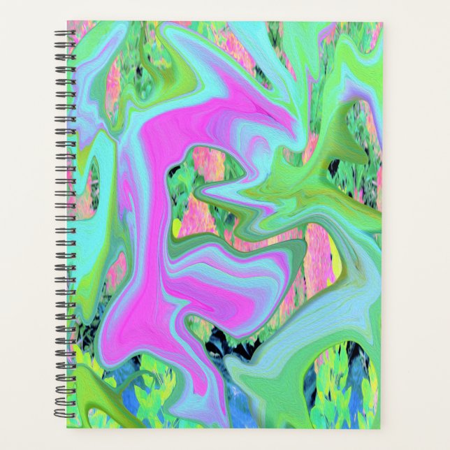 Retro Pink and Light Blue Liquid Art on Hydrangea Planner (Front)