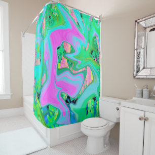 Retro Pink and Light Blue Liquid Art on Hydrangea Shower Curtain