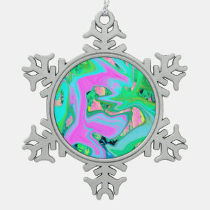 Retro Pink and Light Blue Liquid Art on Hydrangea Snowflake Pewter Christmas Ornament