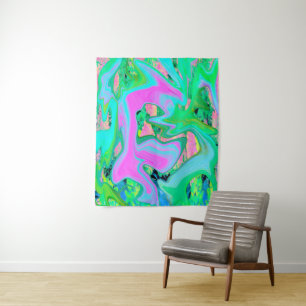 Retro Pink and Light Blue Liquid Art on Hydrangea Tapestry