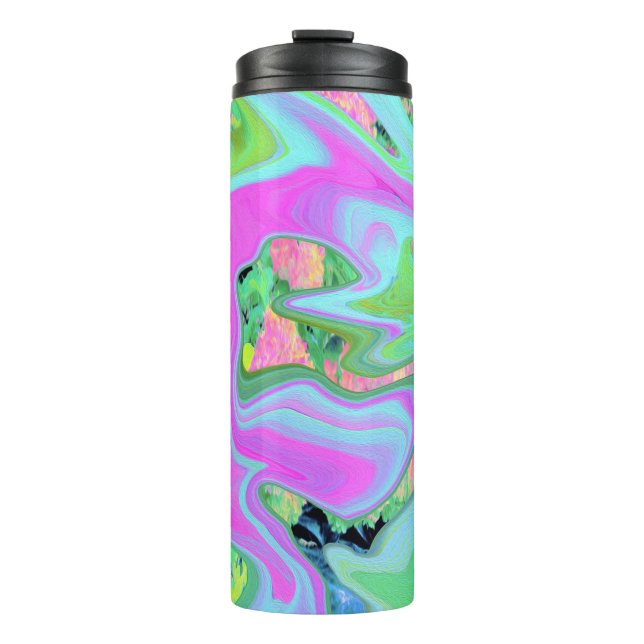 Retro Pink and Light Blue Liquid Art on Hydrangea Thermal Tumbler (Front)